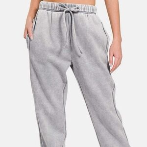 New Zenana Acid Wash Fleece Drawstring Sweatpants Grey Pockets Joggers